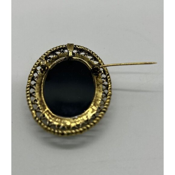 Vintage Cameo Brooch Black & Gold Oval Victorian Style Pin 2 inches - Picture 5 of 9